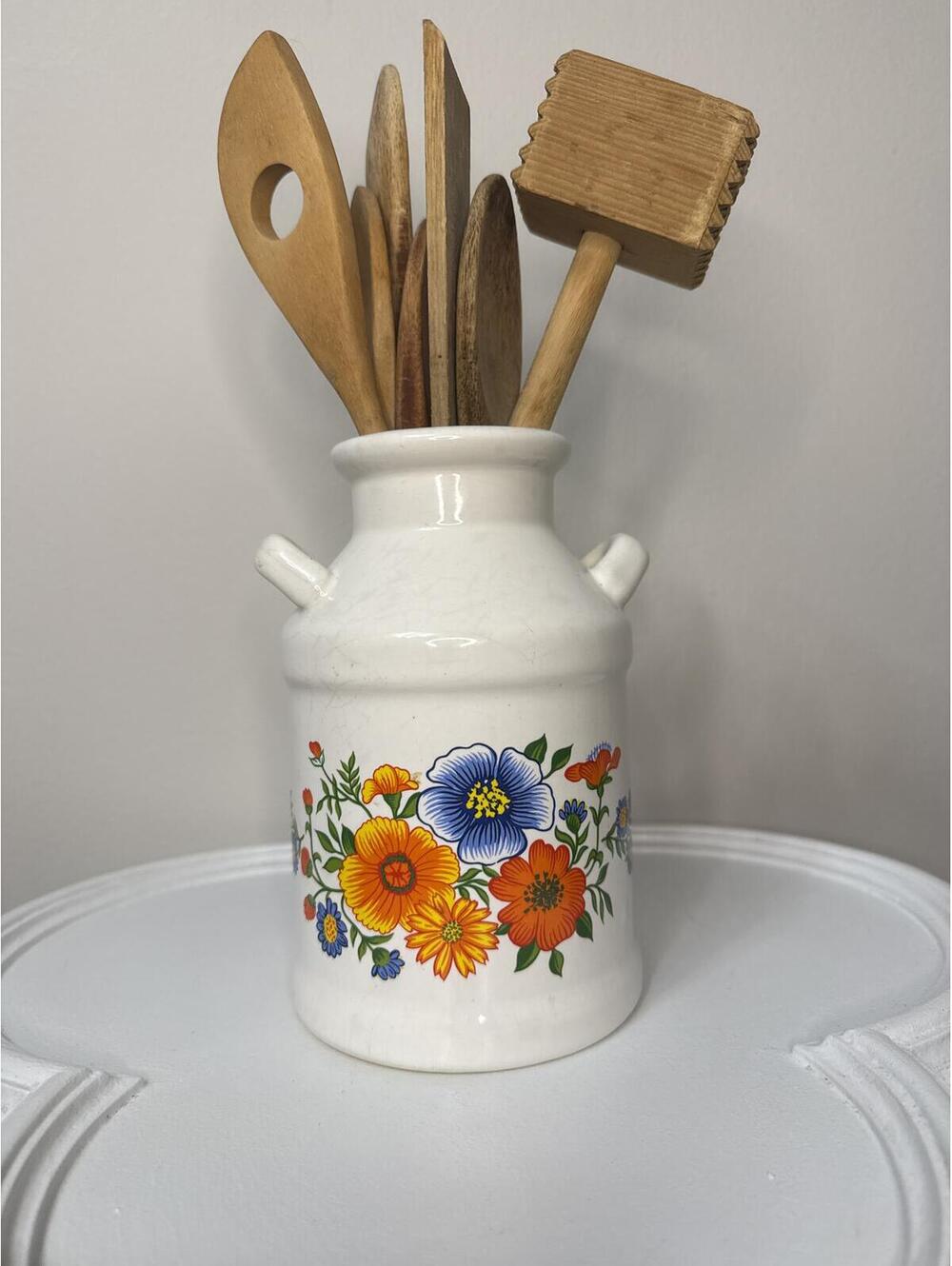 Vintage Ceramic Milk Can Utensil Crock Floral Country Kitchen Decor White Vase